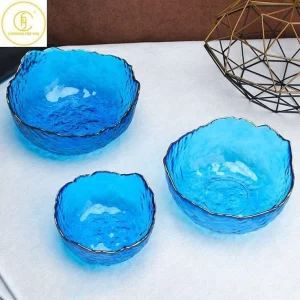 کاسه ۳ تایی دفرمه لب طلایی رنگ آبی Glassware بارکد 693005