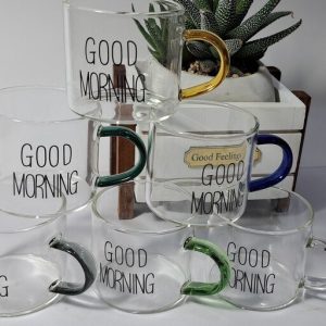 فنجان قهوه خوری پیرکس طرح good morning دسته رنگی پک 6 عددی وارداتی اصل اورجینال بارکد 693075